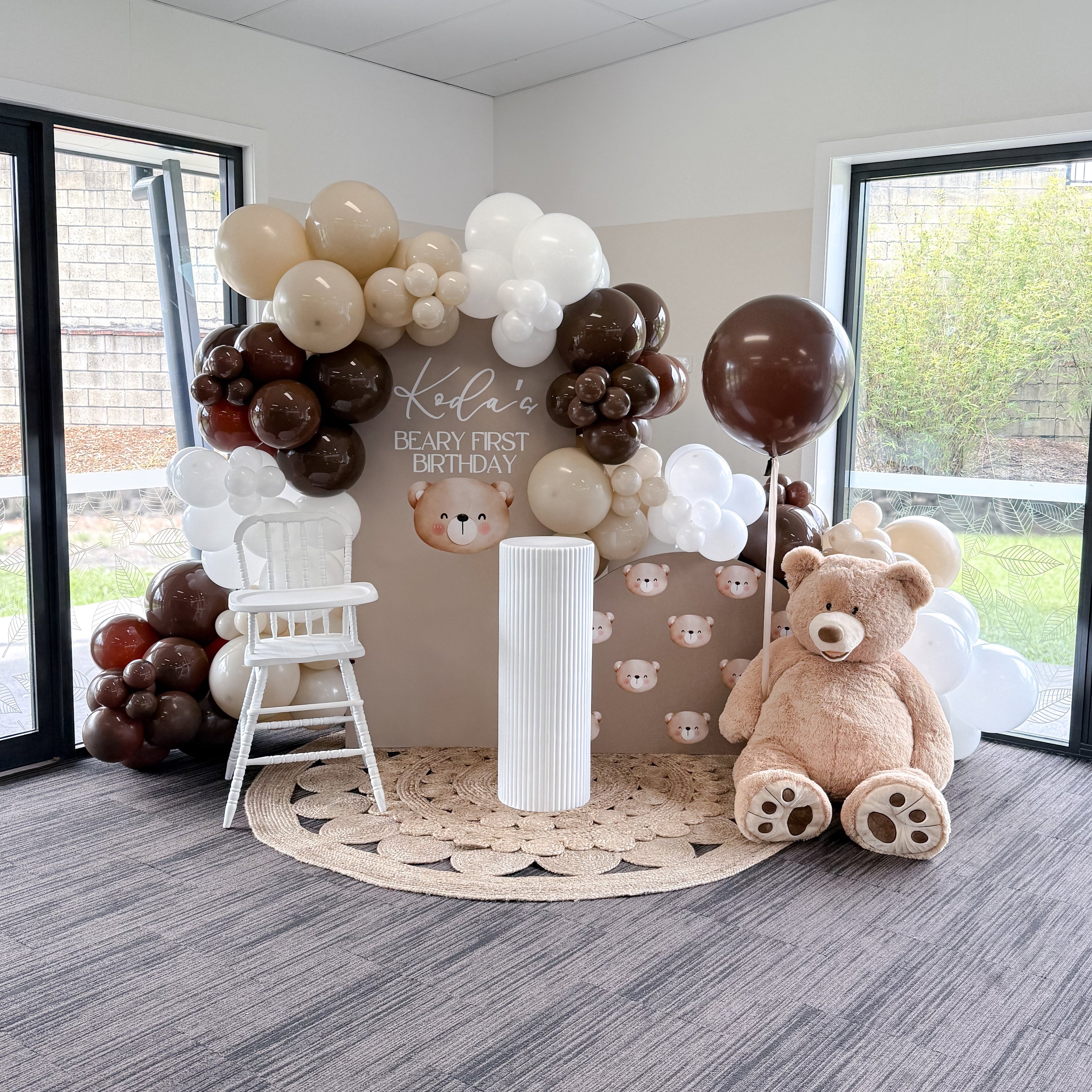 Complete BEARy First Birthday event styling package with teddy bears, balloons, and backdrop