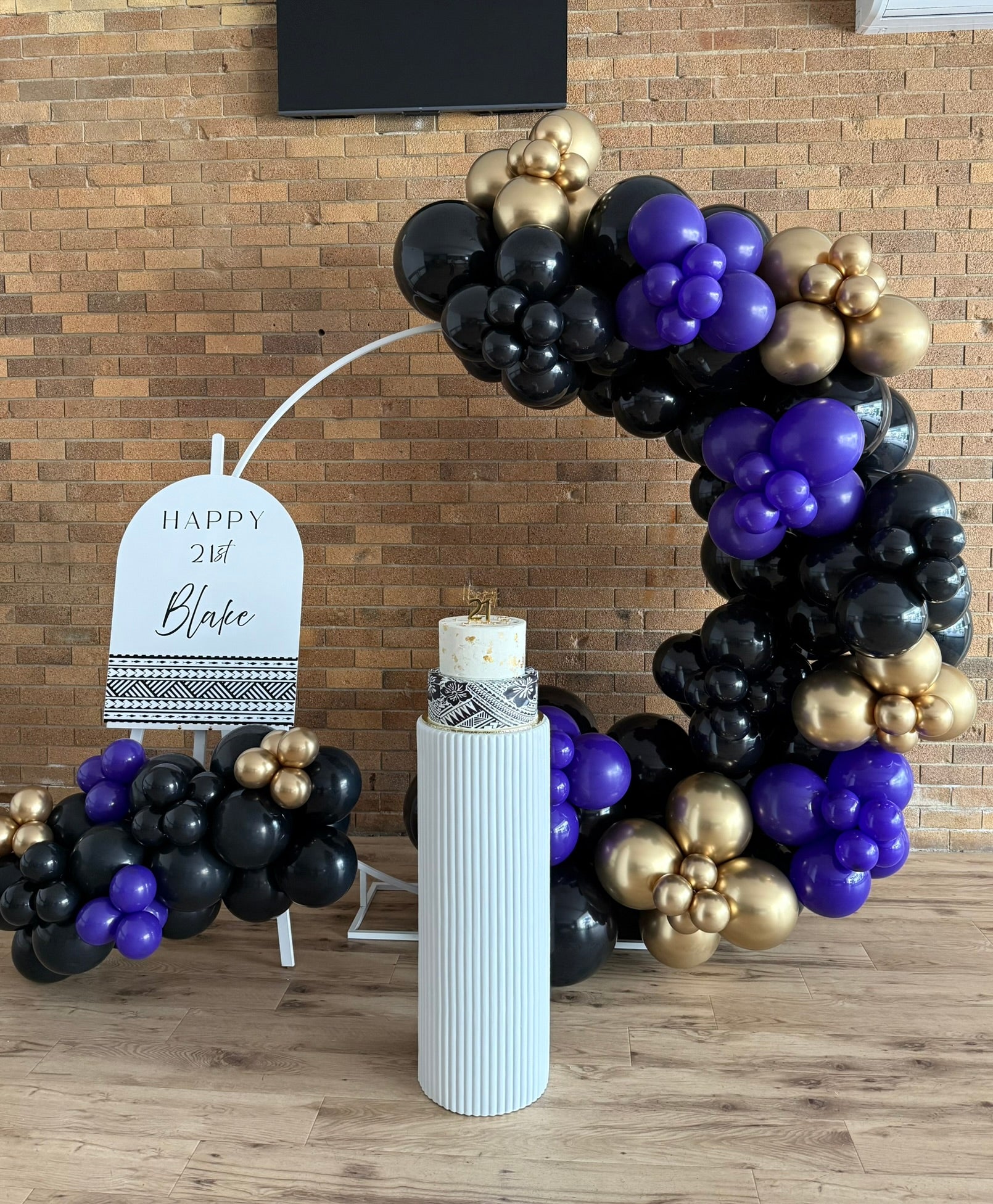 Statement balloon arch and backdrop for milestone birthday styling gold coast